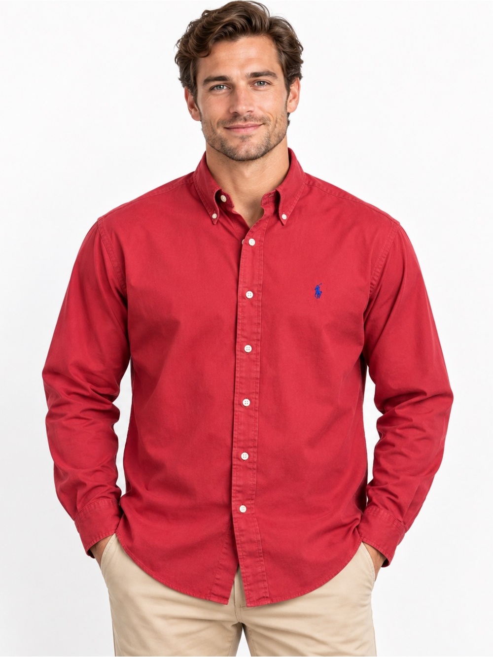 Ralph Lauren Shirt Mens L Red Classic Fit Cotton Button Down Blue Pony